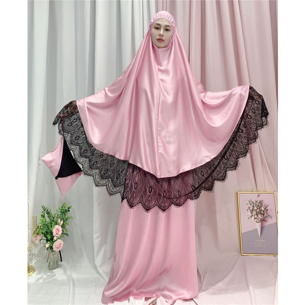 Ramadan Women 2 Piece Muslim Prayer Set Khimar Abaya Overhead Hijab+Skirt Full Cover Islam Clothing Middle East Worship Service