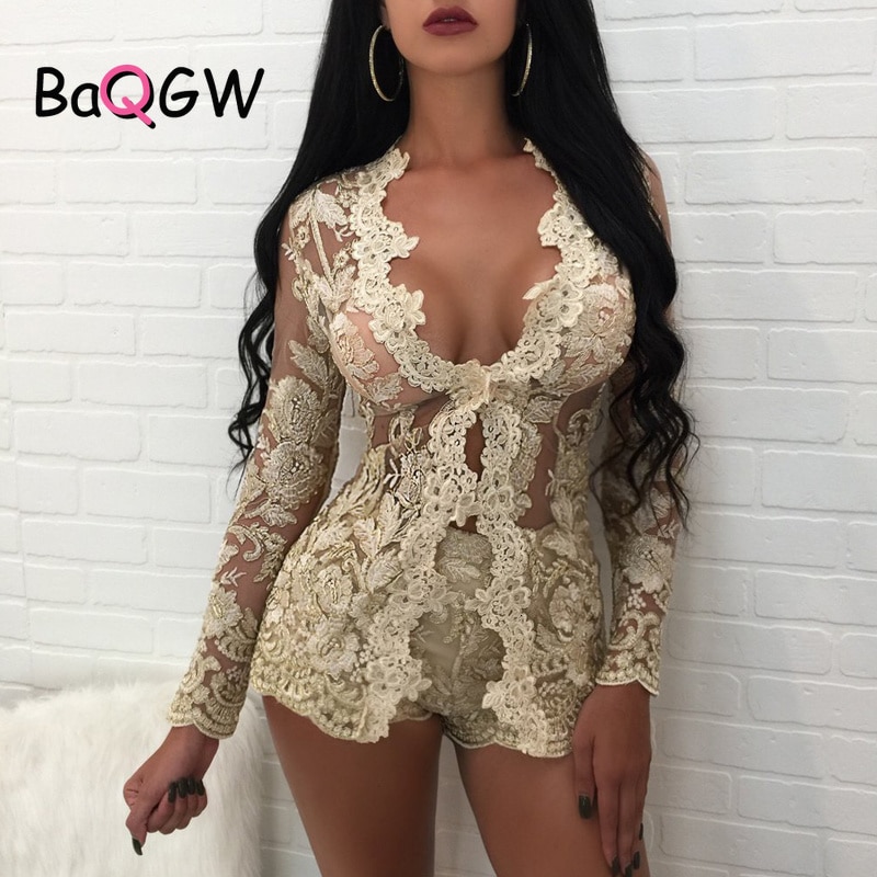 BaQGW Vintage Floral Embroidery Sexy Two Piece Sets Women Lace V Neck Hollow Out Cardigan + Shorts Nightclub See Through Outfits
