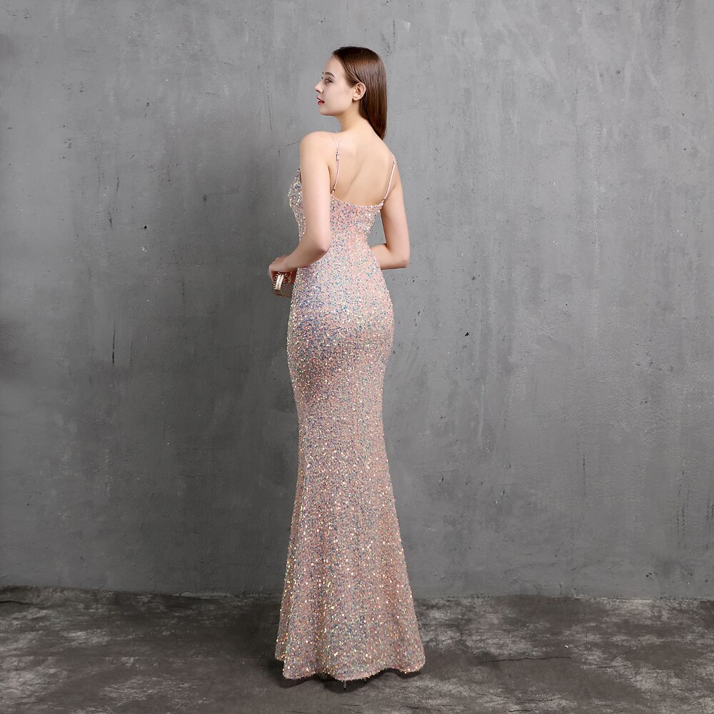 ED18523 Sling V Neck Long Evening Dress Mermaid Party Gowns Sexy Sequined Beading Formal Dress Prom Gown Backless For Wedding