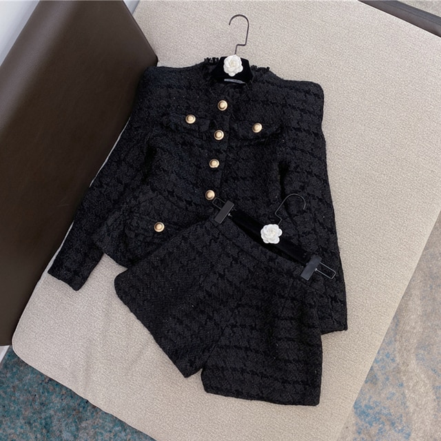 High Quality 2022 Spring New Tweed 2 Two-Piece Set Sexy O-Neck Long Sleeve Single Breasted Jacket And Pants Club Party Set