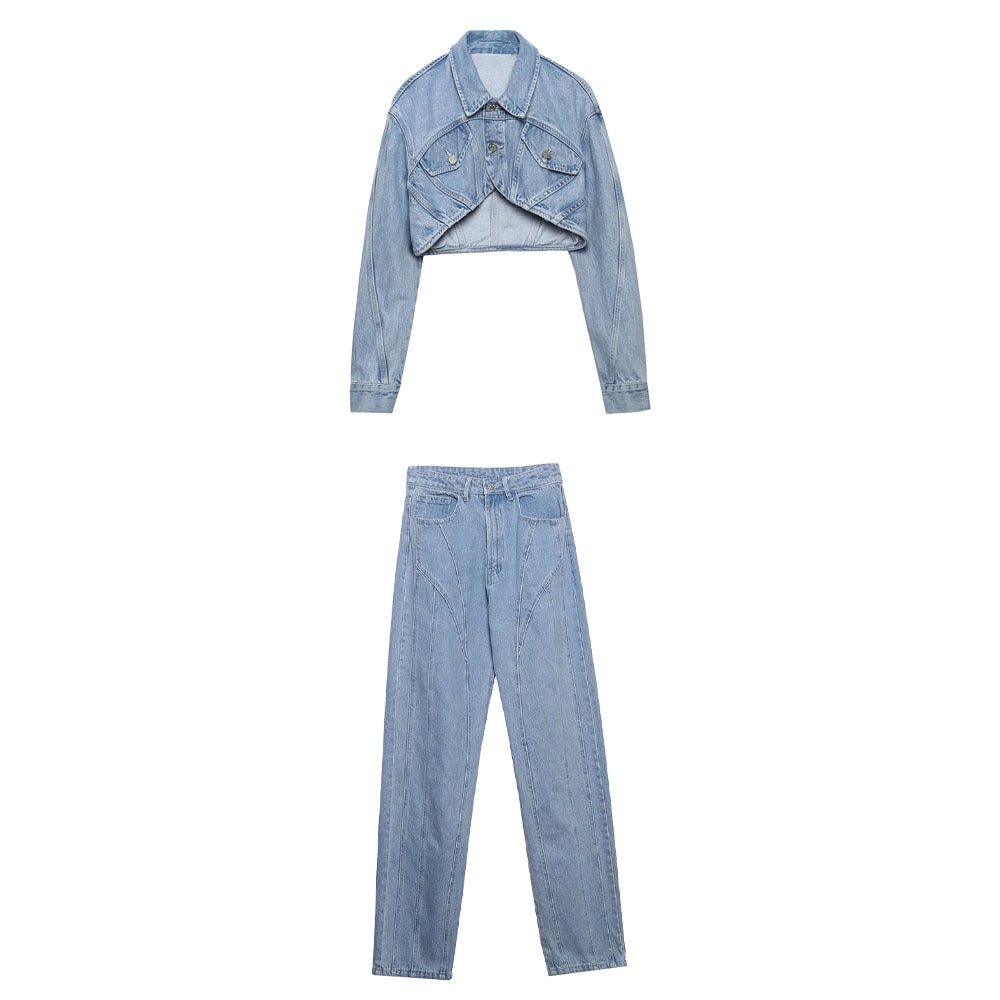 2022 spring new women's fashion retro all-match high waist stitching decoration casual pocket button straight jeans