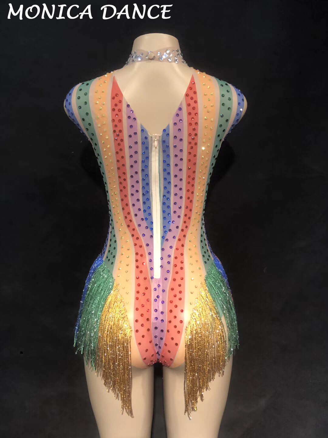 Women Colorful Rainbow Tassel Mesh Leotard Rhinestones Perspective Fringes Bodysuit Stage Outfit Wear Performance Dance Costume