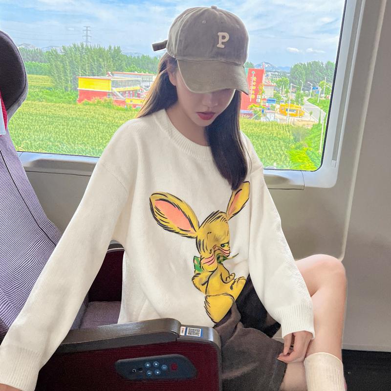 Korean Style Cute White Rabbit Fairy Grunge Sweater Casual Loose Pullover Autumn Vintage Harajuku Women Goth Sweater Y2k Top