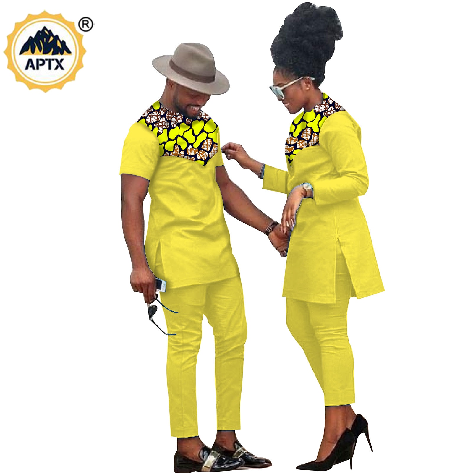 African Clothes for Couples Handmade Bazin Riche African Women Ankara Print Clothes Match Men Outfits Top and Pants Sets S20C001