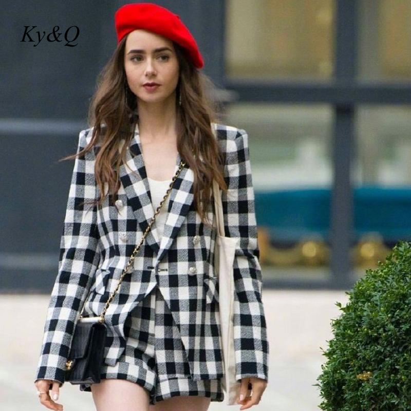 Emily In Paris Same Classic Black White Plaid Blazer woman High Waist Shorts Elegant Tweed Fashion Suit Coat short pants Female