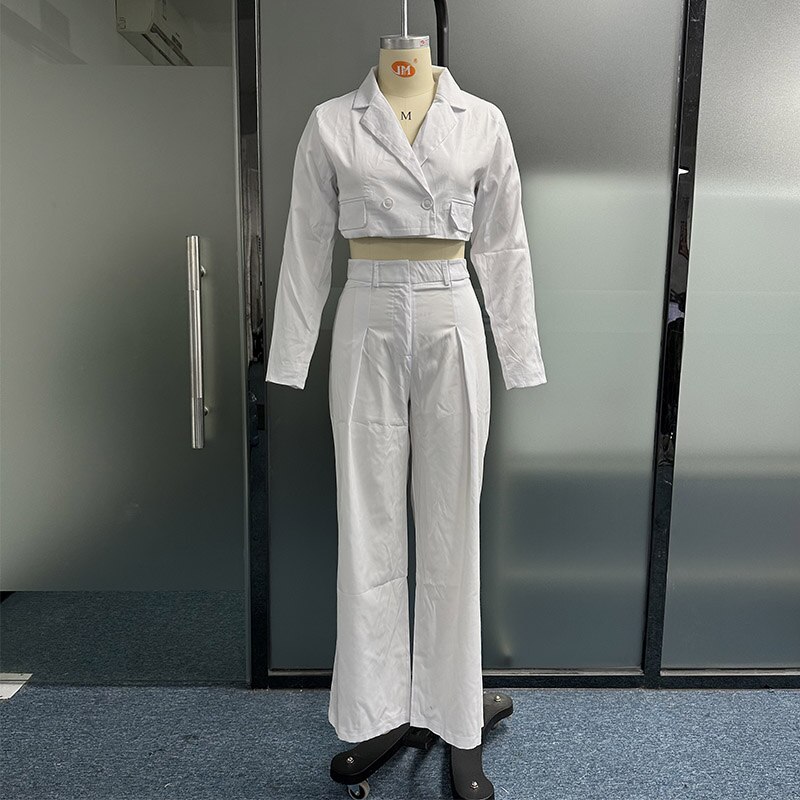 Wefads Women Two Piece Set Fashion Casual Solid Long Sleeve Lapel V Neck Short Blazer Top Loose Pants Sets High Streetwear