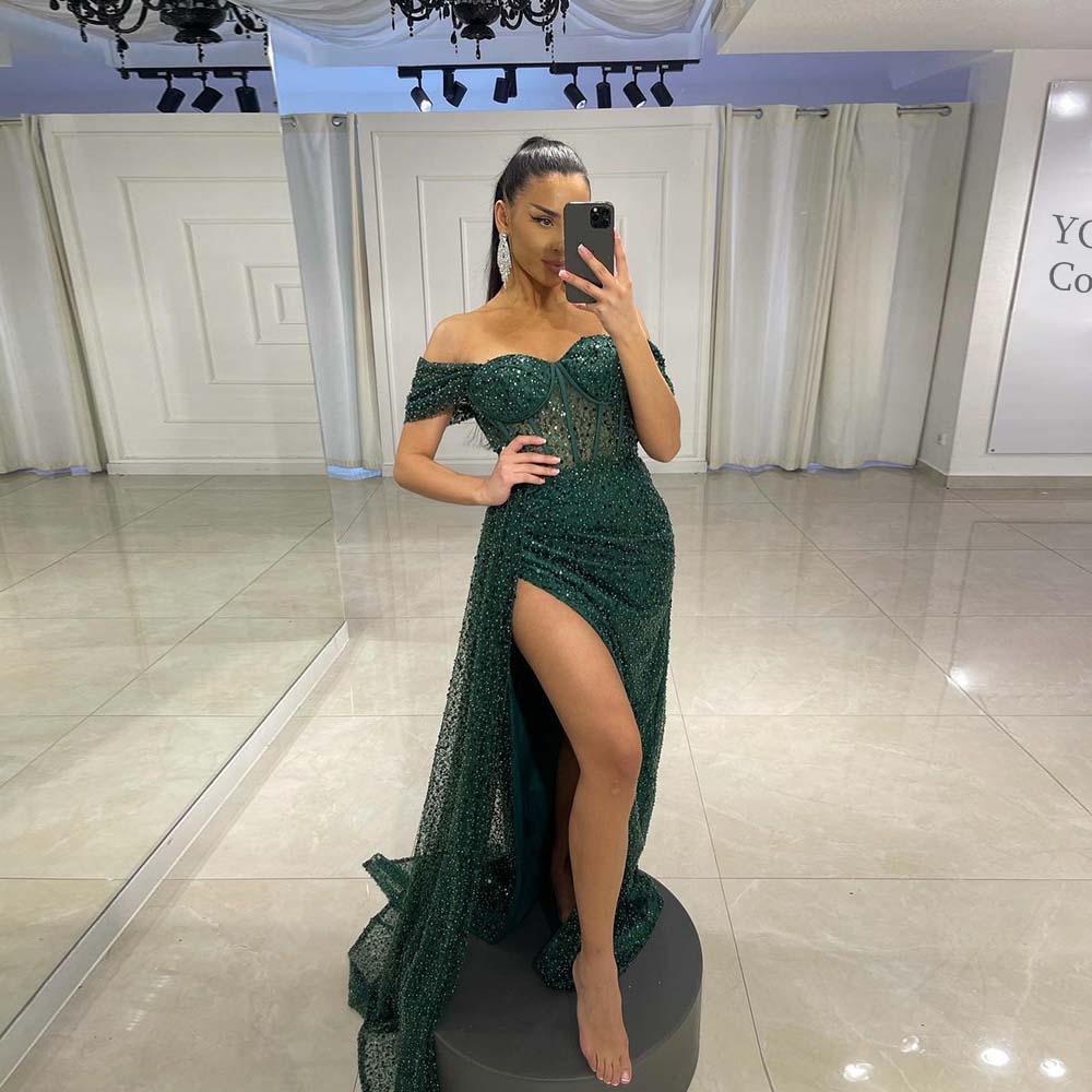 YQLNNE Sexy Slit Green Long Prom Dresses Off the Shoulder Sequins Beaded Back Zipper Formal Women Party Gown