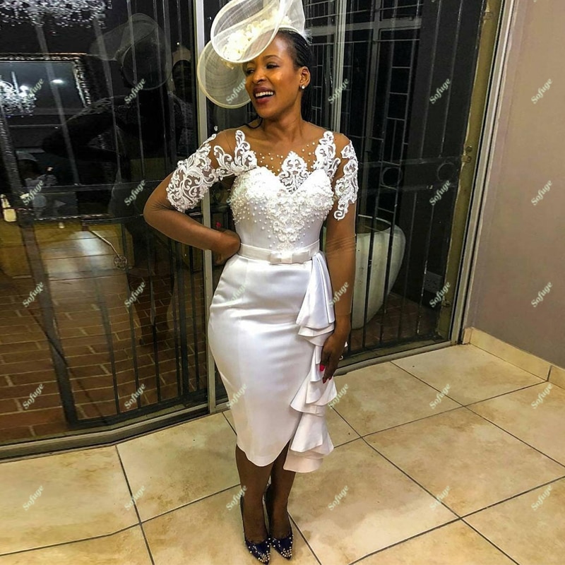 Fancy White Pearls Evening Dresses Scoop Lace Appliques Saudi Arabic Special Dubai Engagement Robe De Soiree