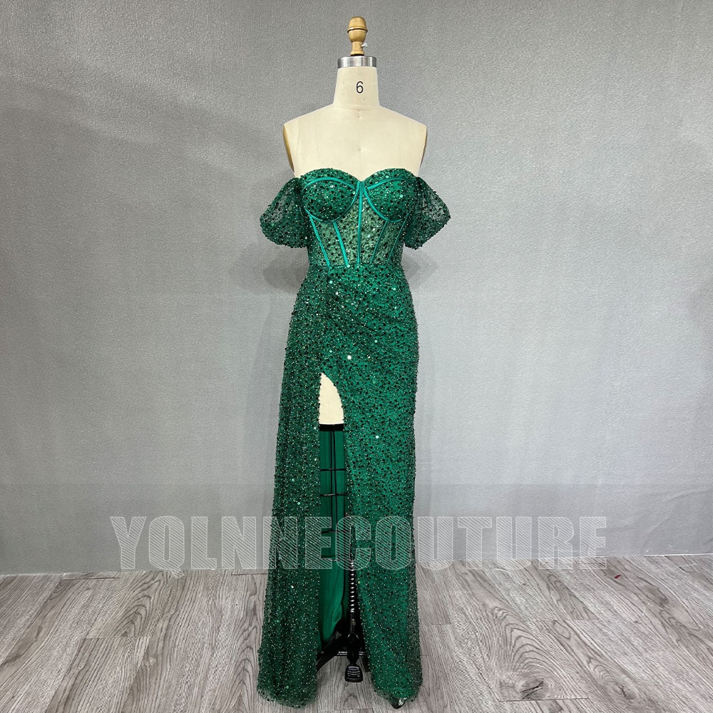 YQLNNE Sexy Slit Green Long Prom Dresses Off the Shoulder Sequins Beaded Back Zipper Formal Women Party Gown