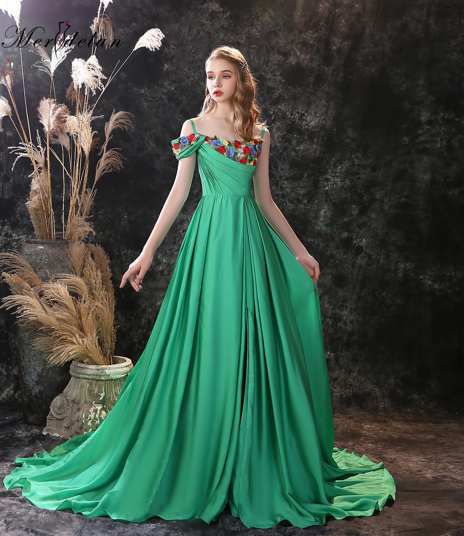 PAFFAS Green Simple spaghetti straps Satin Flowers Prom Dress High Side Split Celebrity Formal Prom Gowns Sweep Train Vestido