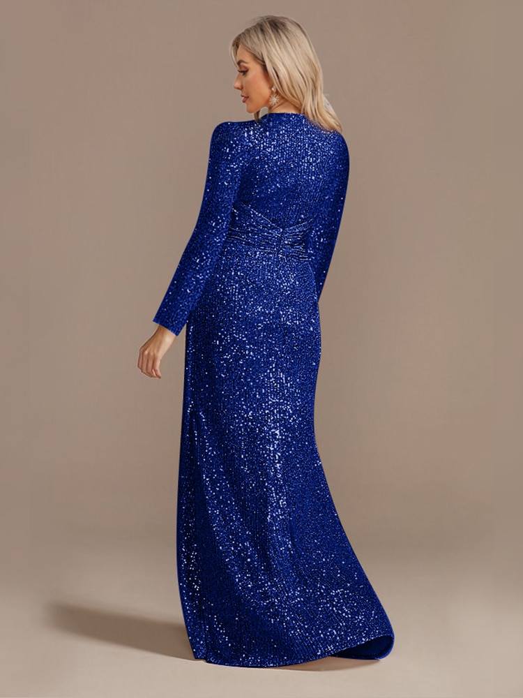 Lucyinlove Luxury Long Sleeve V-Neck Evening Dress 2022 Party Women Wedding Sequins For Female Guests Blue Prom Cocktail Dresses