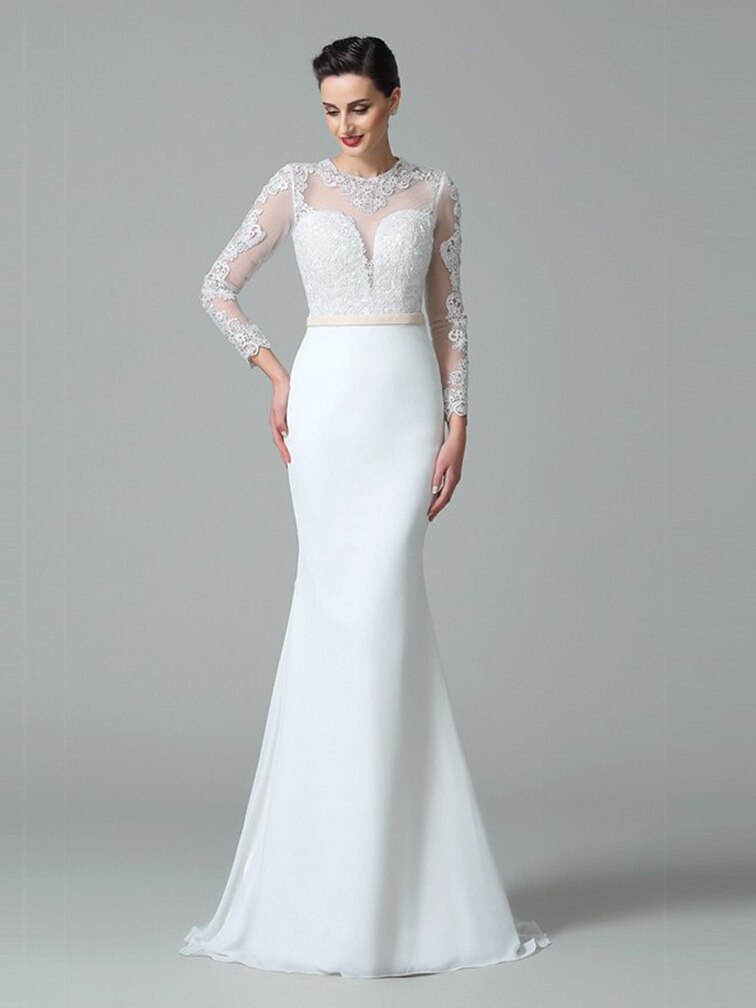 LaBoum Elegant O-Neck Mermaid Wedding Dresses Lace Appliques Long Sleeves Bridal Gowns Illusion Back Robe De Marie Sweep Train