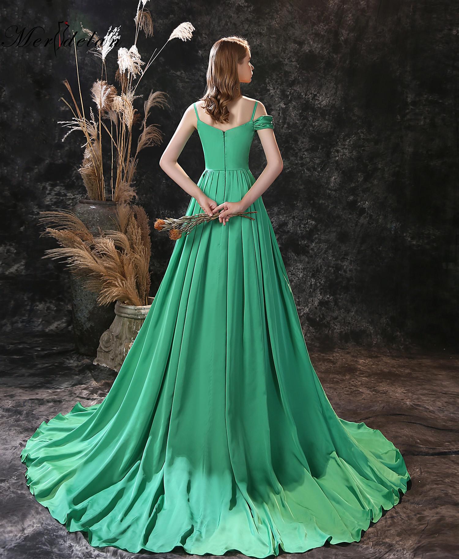 PAFFAS Green Simple spaghetti straps Satin Flowers Prom Dress High Side Split Celebrity Formal Prom Gowns Sweep Train Vestido