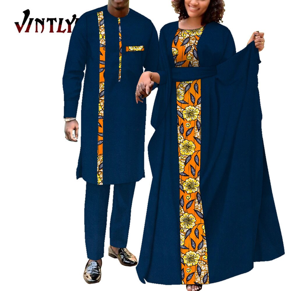 2 Pcs African Dresses for Women and Dashiki Men Suits Floral Print Couple Clothes Lovers Outfit Patchwork Robe Dress Wyq949
