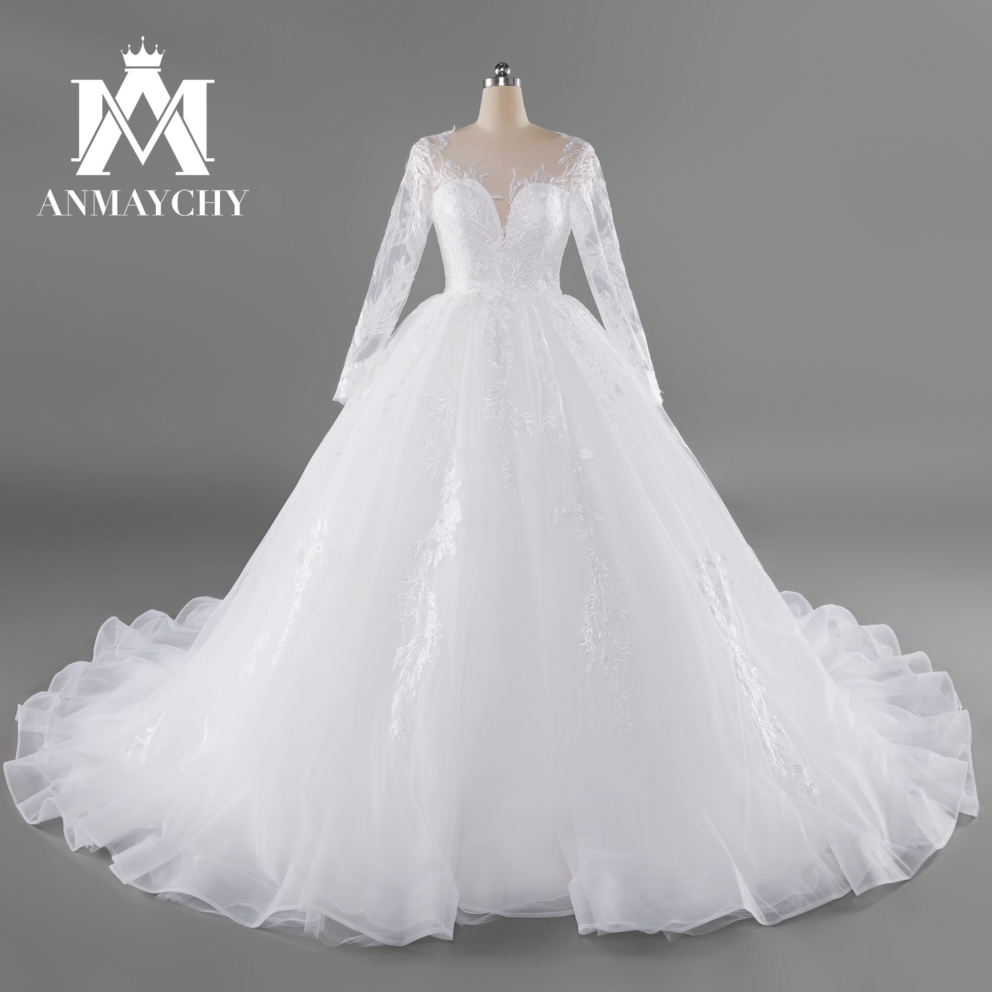 ANMAYCHY A-Line Wedding Dresses For Women 2022 Button Illusion Appliques Sweetheart  Long Sleeve Wedding Gowns Vestidos De Novia