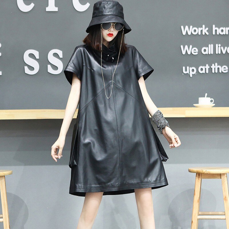 High Street Harajuku Women Loose Fit Mid Dress Short Sleeve Turtleneck Genuine Leather Dress Pockets Belted Oversized Dresses