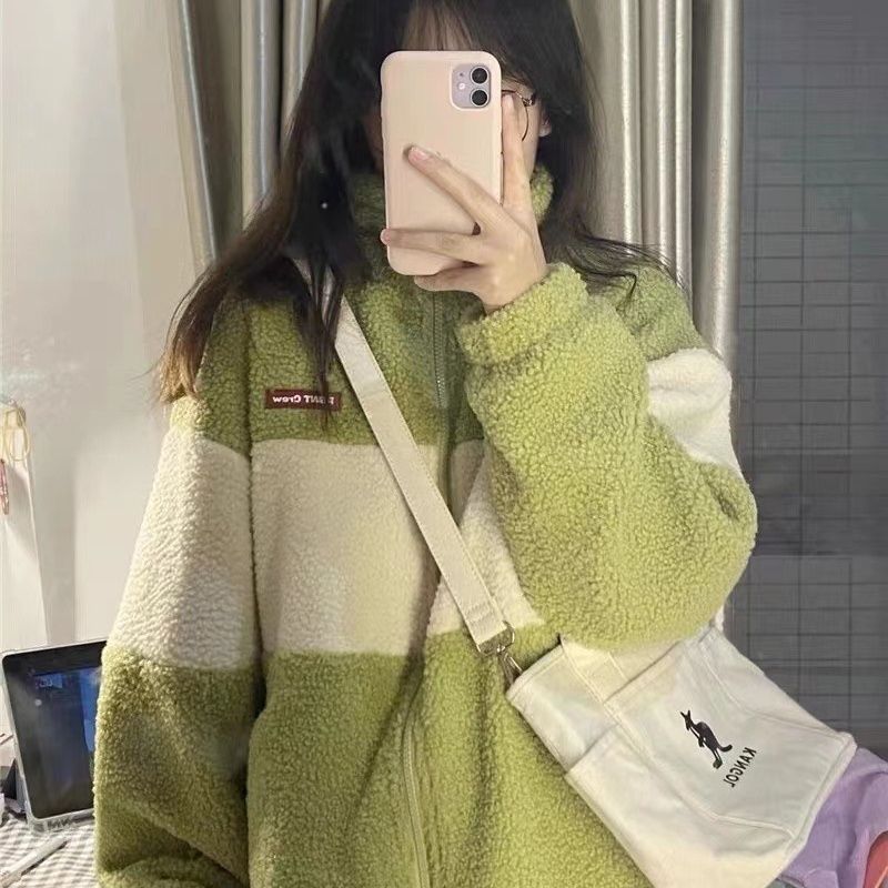 Deeptown Women Zip Up Jackets Lambs Wool Kawaii Harajuku Jacket Green Thick Fleece Fuzzy Coats Loose Chic Spliced Korean Fashion
