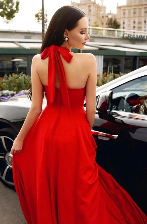 Red Party Dress Halter Neck A-line Prom Dresses with Pockets