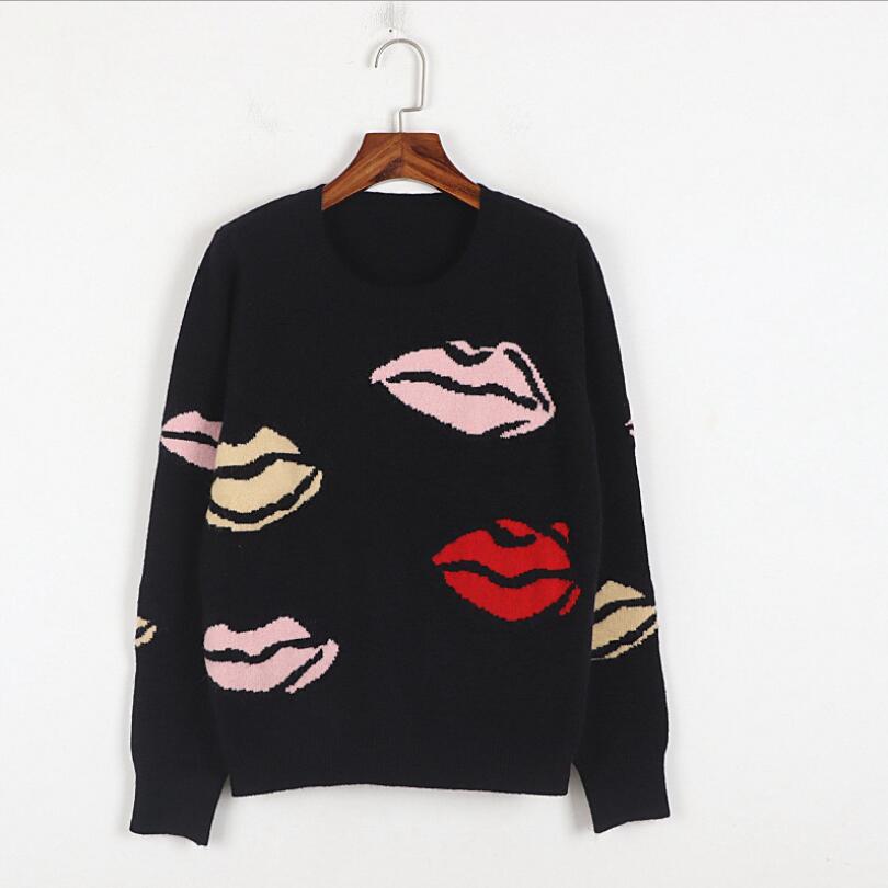 Vintage Sweaters Women 2021 Autumn Winter Lips Pattern Casual Long Sleeve Streetwear Knitted Pullovers Jumper Tops Clothing p396