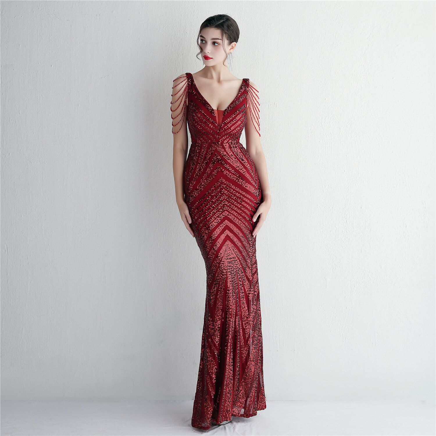 Beauty-Emily Beading V-Neck Women Evening Dress Luxury Long Mermaid Party Dress Sleeveless ED19639 Sexy Prom Gowns Appliques