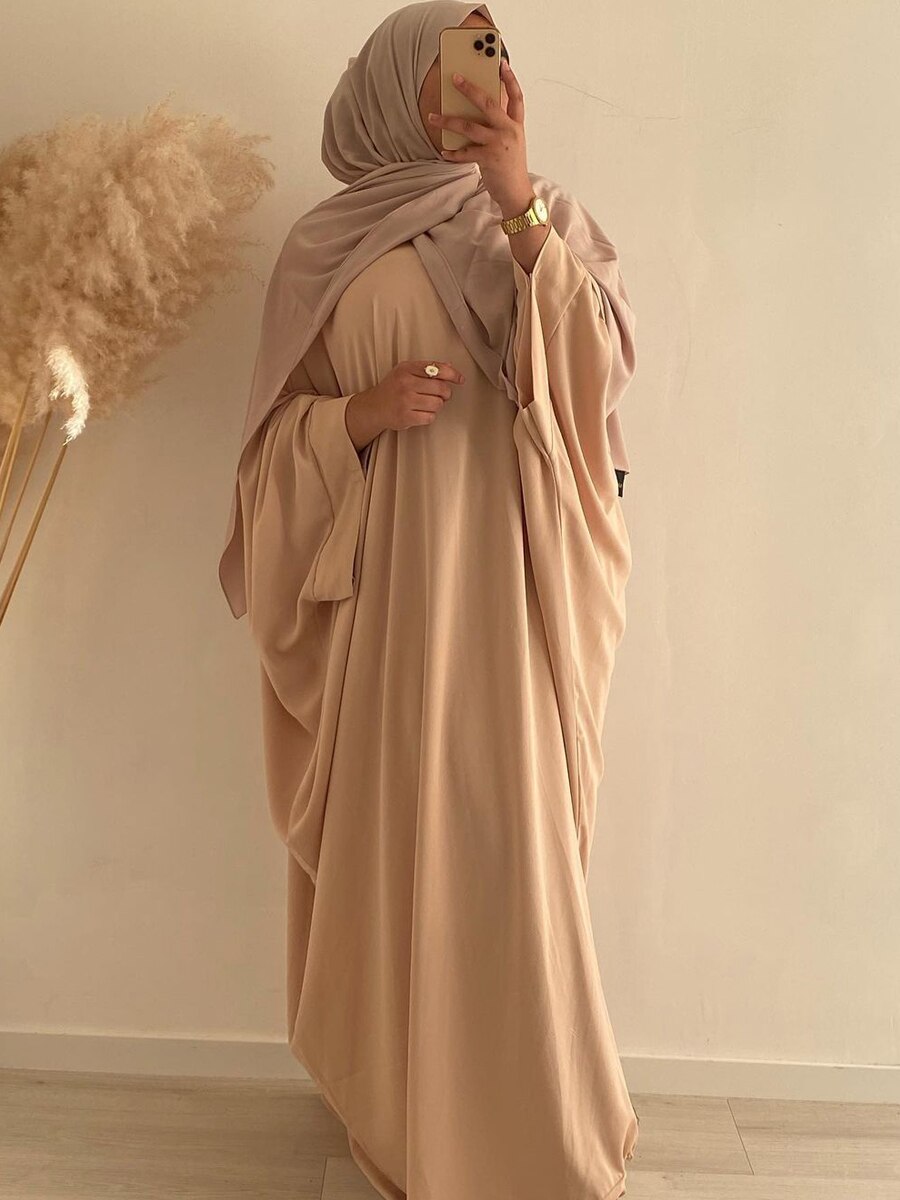 Muslim One Piece Jilbab Prayer Abaya Dress Batwing Sleeves Islamic Clothing Dubai Saudi Turkish Modesty Casual Hijab Robe