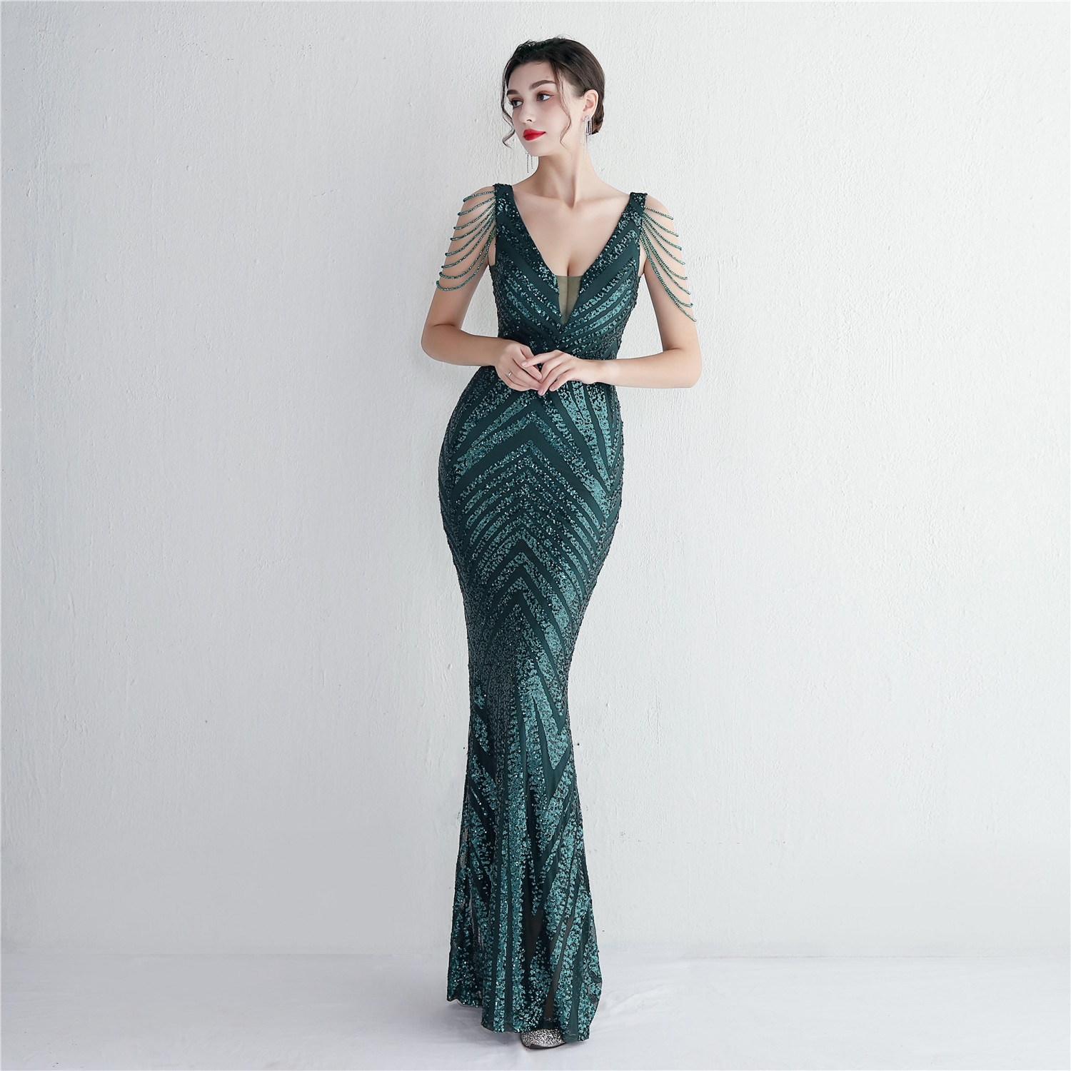 Beauty-Emily Beading V-Neck Women Evening Dress Luxury Long Mermaid Party Dress Sleeveless ED19639 Sexy Prom Gowns Appliques