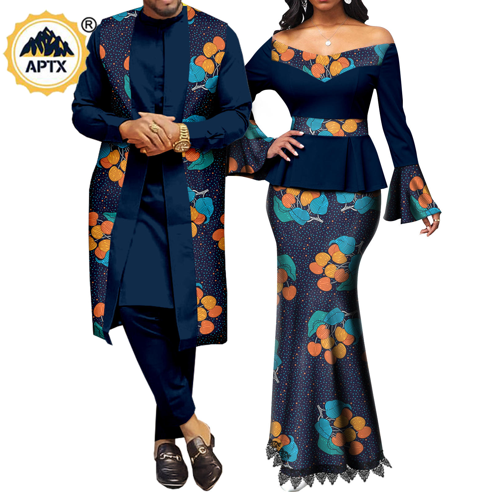 African Couple Clothes Women Print  V-neck Top and Lace Skirts Match Men Outfits Dashiki Long Vest Shirt and Pants Sets Y22C041