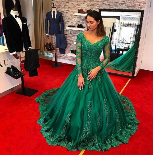 New Green Elegant Lace Evening Dresses V Neck Long Sleeve Appliques Ball Gown Formal Occasion Dresses