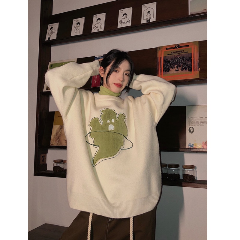 Vintage Women Apricot Sweater Round Neck Embroidery Fashion Leisure Lazy Wind Loose Winter Female Thicken Warm Knitting Pullover