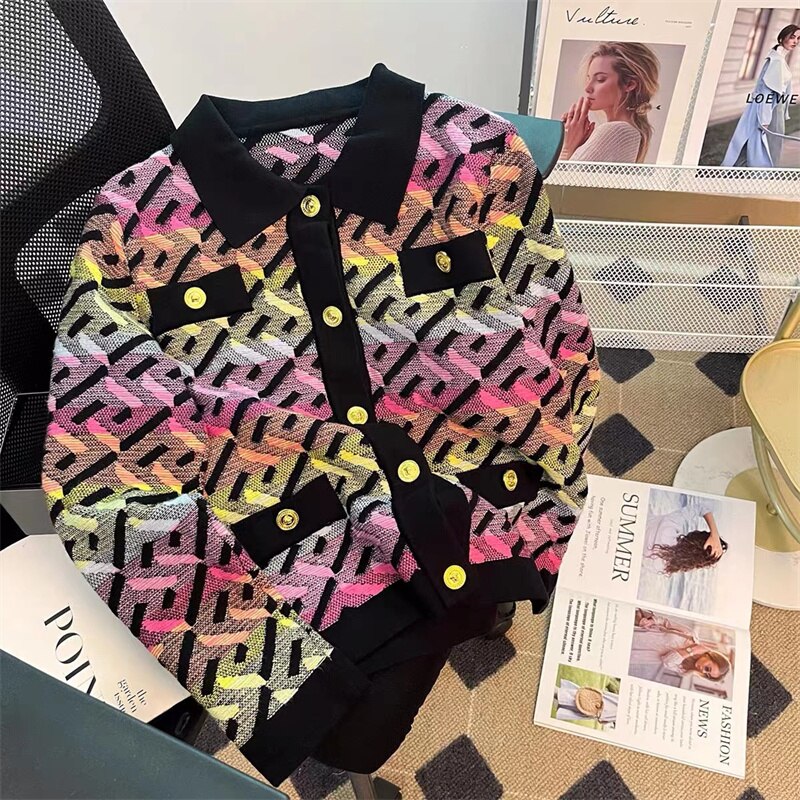 2022 Autumn and Winter New Women Color Contrast Letter Jacquard Commuter Slim Knitted Cardigan Skirt Suit Two-Piece Set