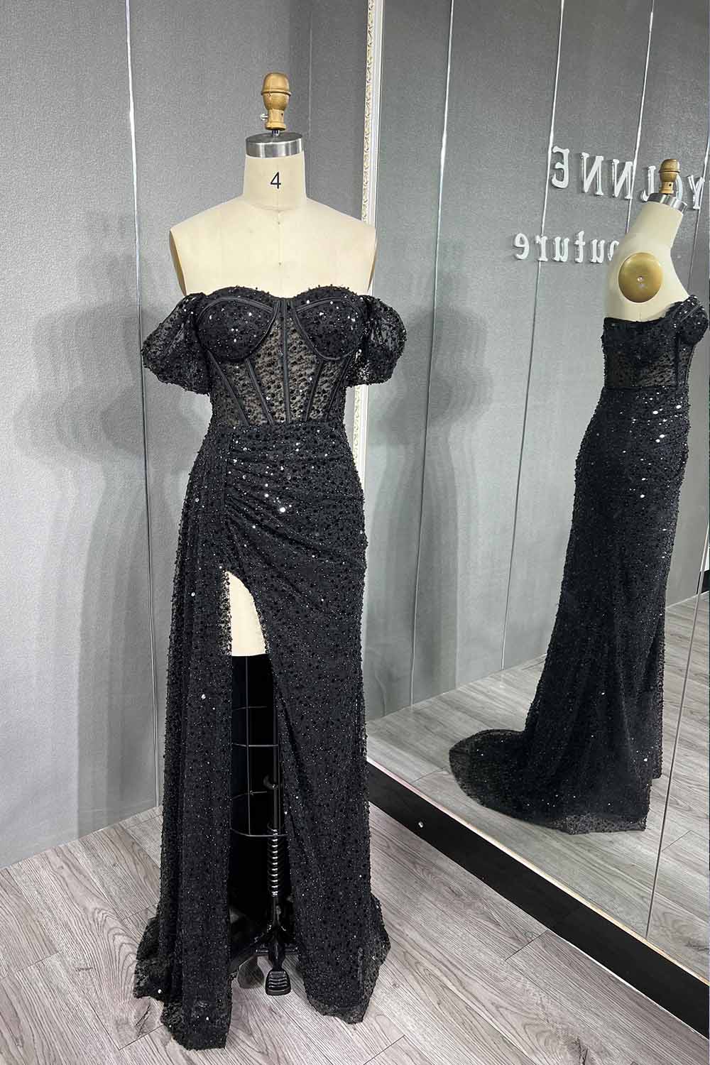 YQLNNE Sexy Slit Green Long Prom Dresses Off the Shoulder Sequins Beaded Back Zipper Formal Women Party Gown