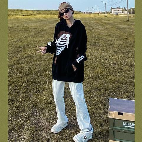 American retro street Y2K patch skull print hooded sweater sweatshirt men and women oversize niche high street jacket jacket ins