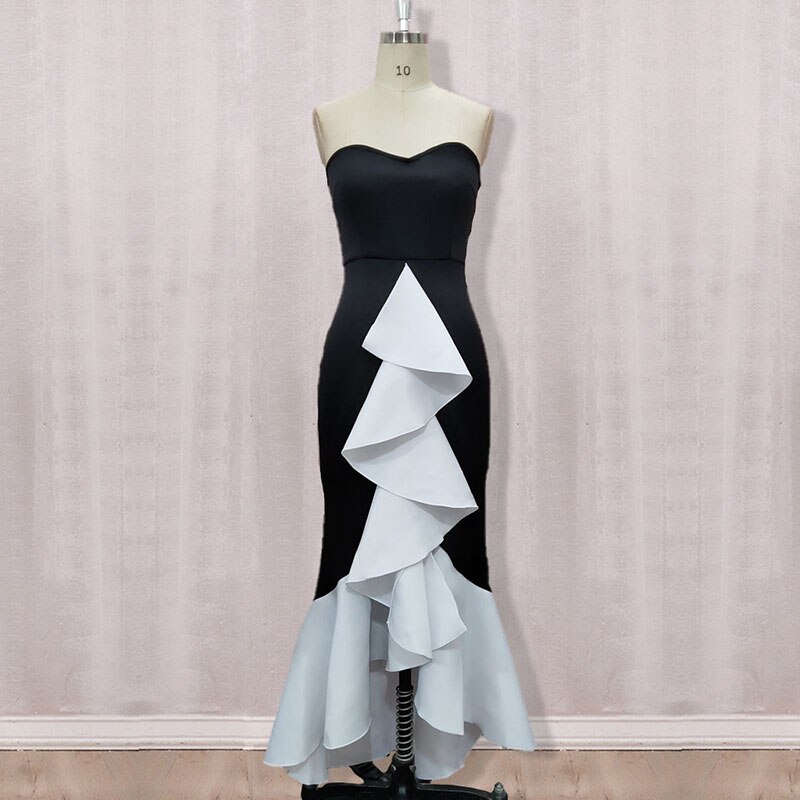 Women Sexy Breast Wrap Dress High Waist Splice Black White Ruffles Party Dresses Lady 2022 Summer Asymmetry Mermaid Dress Mujer