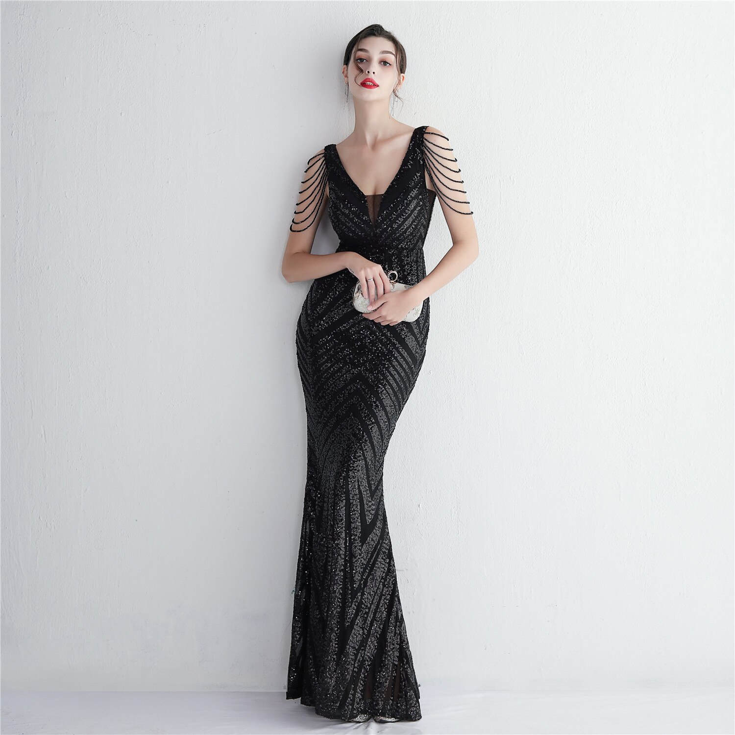 Beauty-Emily Beading V-Neck Women Evening Dress Luxury Long Mermaid Party Dress Sleeveless ED19639 Sexy Prom Gowns Appliques