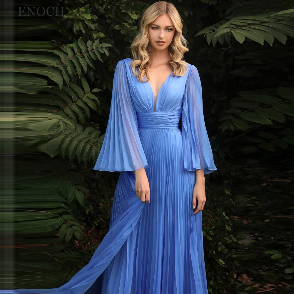 ENOCH Simple V-Neck Chiffon Evening Dresses Pleated Long Sleeves Formal Gowns Floor Length V-Back Vestidos De Gala Custom Made