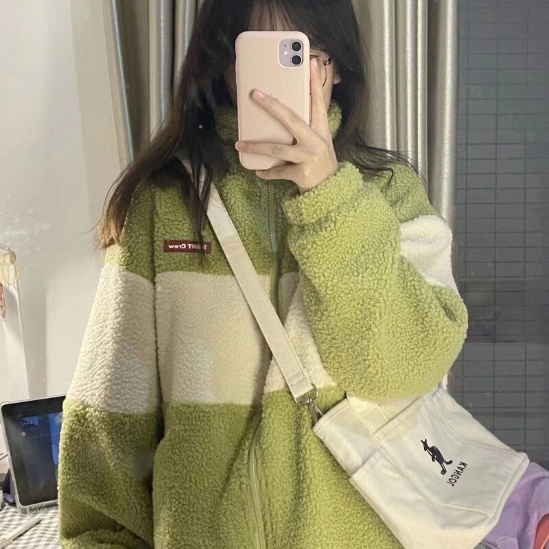 Deeptown Women Zip Up Jackets Lambs Wool Kawaii Harajuku Jacket Green Thick Fleece Fuzzy Coats Loose Chic Spliced Korean Fashion
