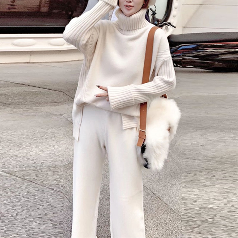 JXMYY Sweater Set Women Tracksuit Spring Autumn Knitted Suits 2 Piece Set Warm Turtleneck Sweater Pullovers Wide Legs Pants