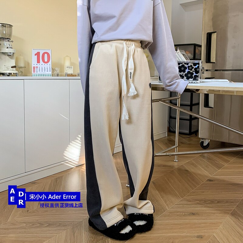 Korean high quality trousers with plush and thick contrast color in winter, casual men and women's straight wide leg trousers