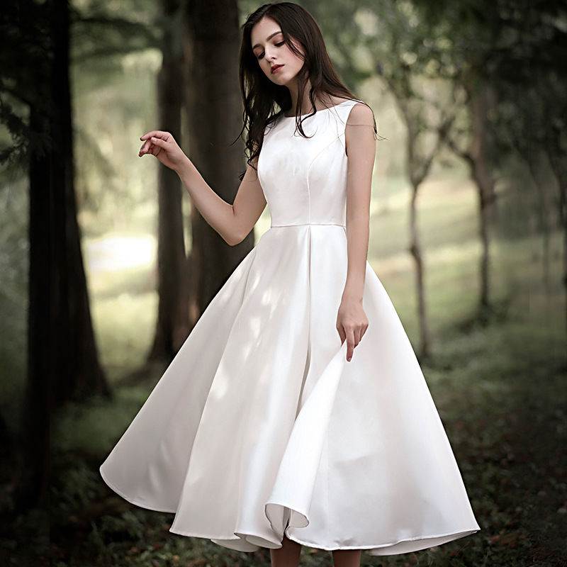 2022 Women White Satin Evening Dresses O-Neck Sleeveless Bridal Wedding Party Dress Graduation Gowns Sweet Memory Vintage Gown