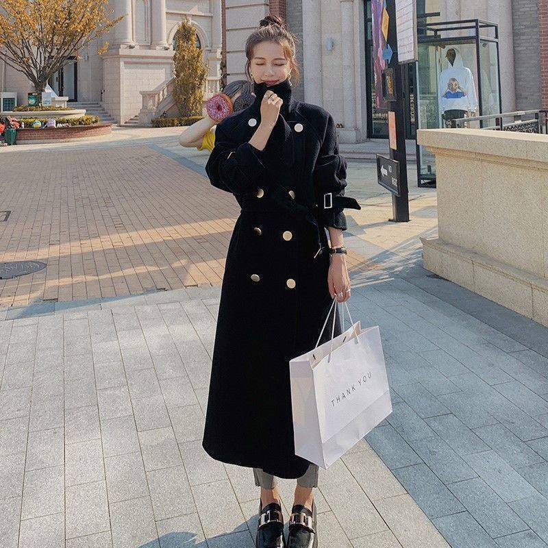 Fashion Elegant Black Woolen Coat 2022 Autumn And Winter New Loose Double-breasted Temperament Hepburn Long Red Overcoat Jacket