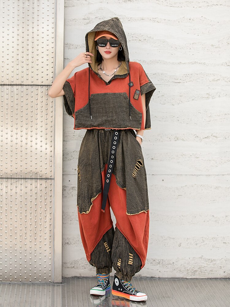 Women's Set Fashion Contrasting Color Stitching Hooded Suit 2022 Summer New Oversized Loose Personality Wide-leg Pants Two Sets