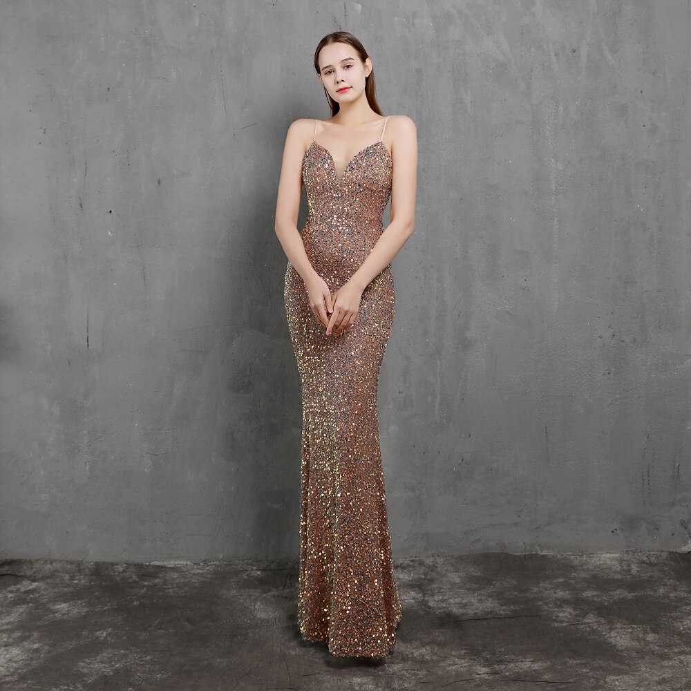 ED18523 Sling V Neck Long Evening Dress Mermaid Party Gowns Sexy Sequined Beading Formal Dress Prom Gown Backless For Wedding