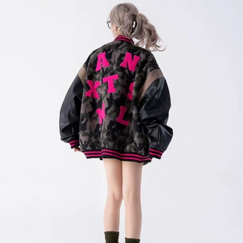 American retro camouflage baseball jacket women's 2022 new autumn and winter models Y2K tide stitching pu leather autumn jacket