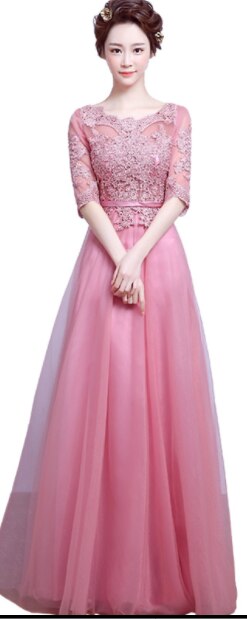 Nova manga média Off Shoulder Vestido de noite Rosa