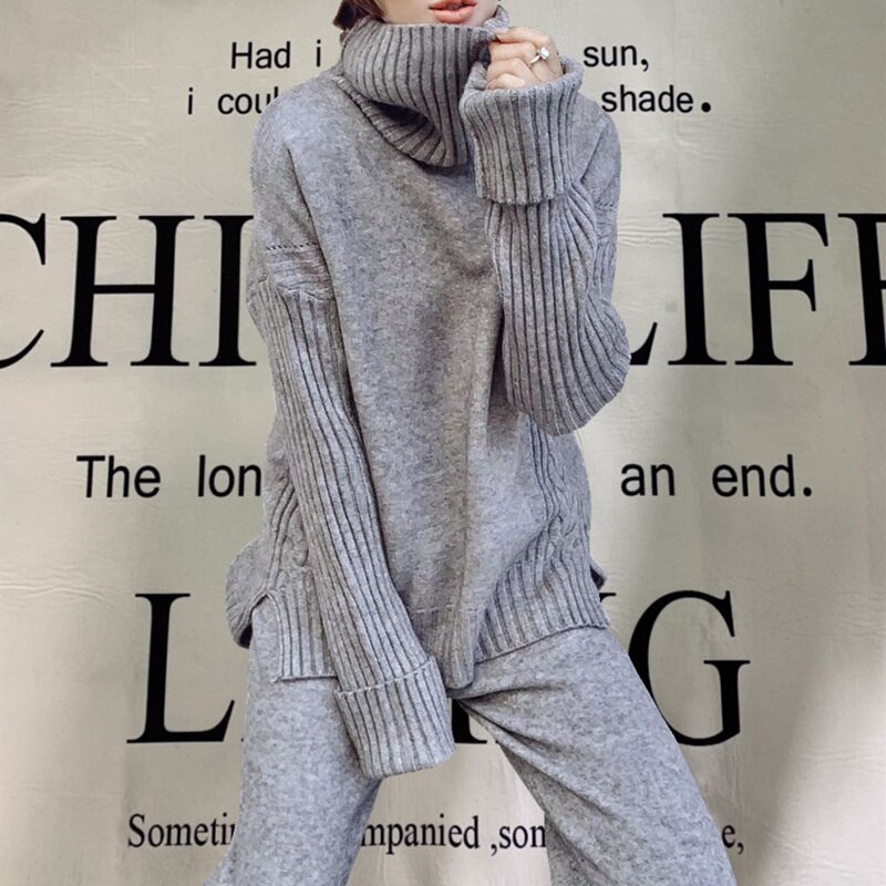 GIGIYW Winter Fashion High Neck Split Thickened Sweater Wide Leg Pants Slouchy Loose Knitted Set Women Autumn Winter 2022 New