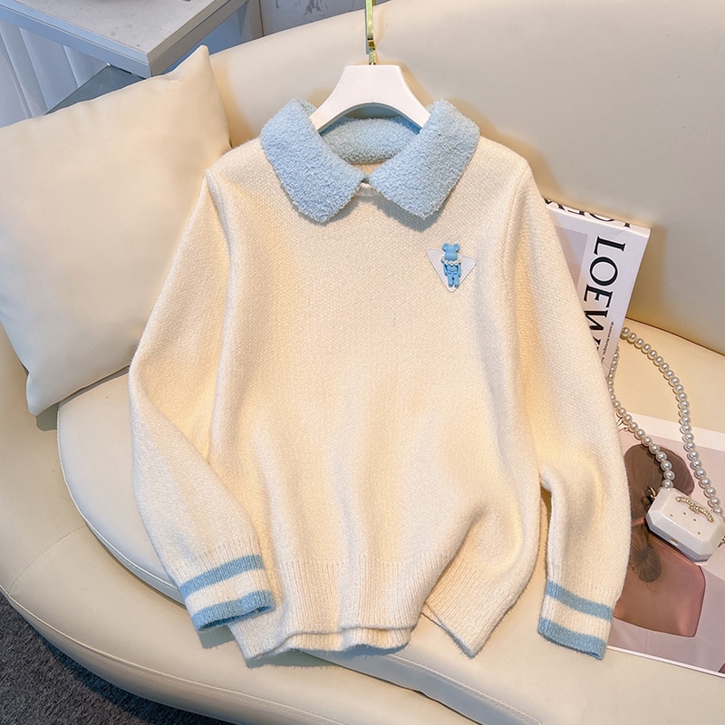 New Patchwork Knitted Sweater Women 2023 Autumn Winter Long Sleeve Turn-down Collar Pullover Tops Elegant Fashion Chic Ladies