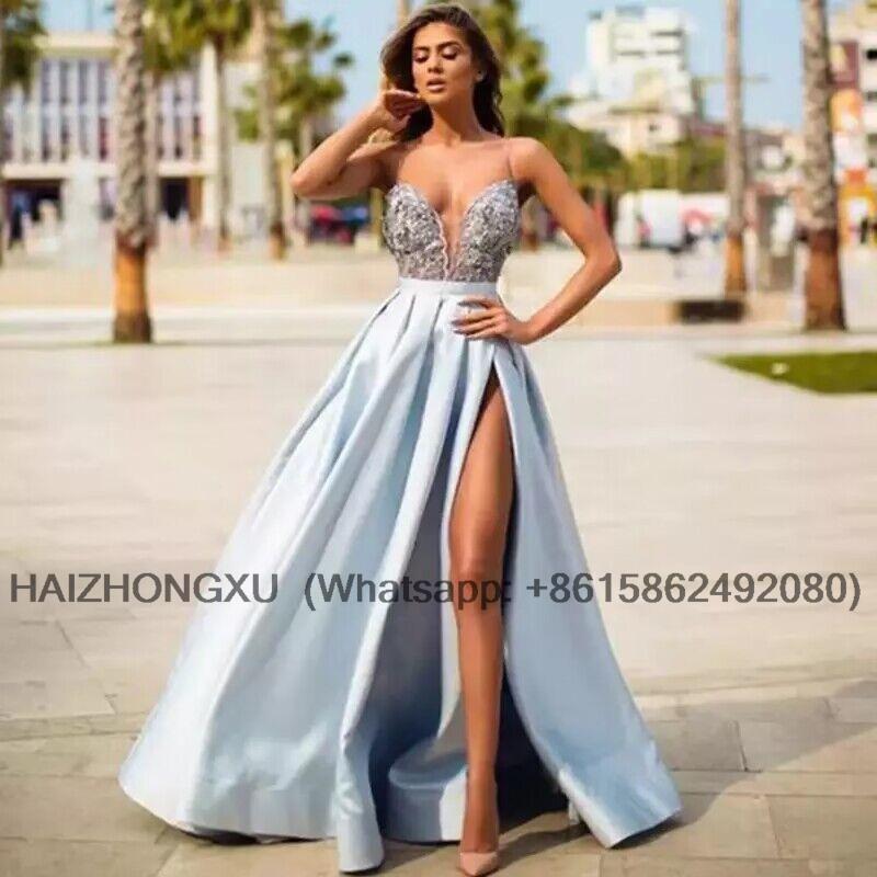 Mint Blue High Slit Sexy Prom Dresses Backless Spaghetti Strap Lace Satin Long Formal Dress Plus Size Wedding Party Gowns