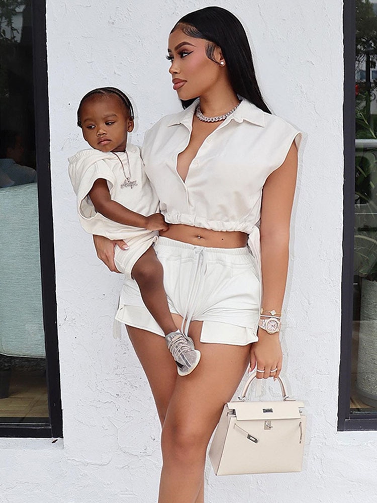 Bandage 2 Piece Sets Women Summer Lapel Sleeveless Buttons Up Loose Tops and Drawstring Pockets Shorts Streetwear Suit