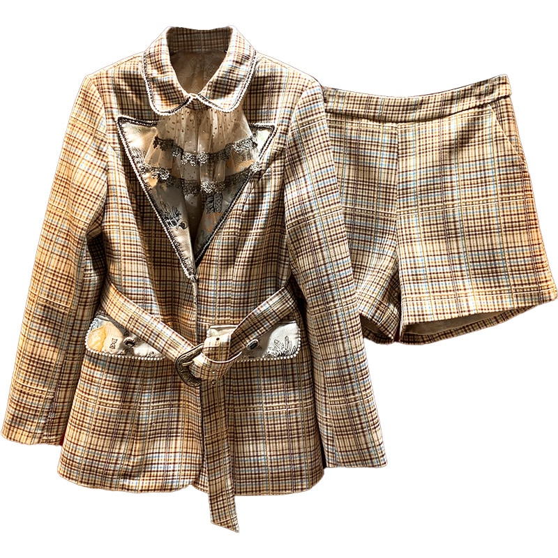 New European and American women's wear for winter 2022  Long sleeve nail bead stitching lace and plaid coat shorts Fashion suits