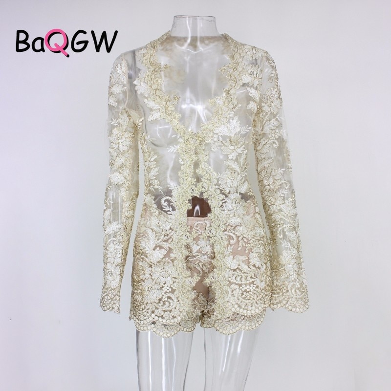 BaQGW Vintage Floral Embroidery Sexy Two Piece Sets Women Lace V Neck Hollow Out Cardigan + Shorts Nightclub See Through Outfits